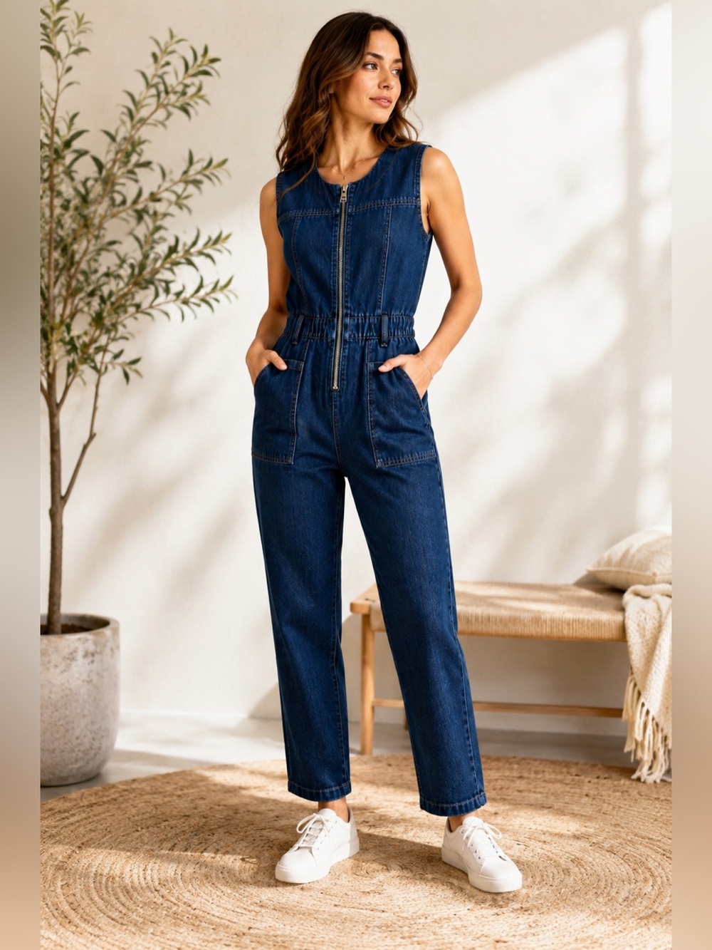 Universal Thread Denim Utility Jumpsuit Dark Wash Zip Front Sleeveless NWT 10/14